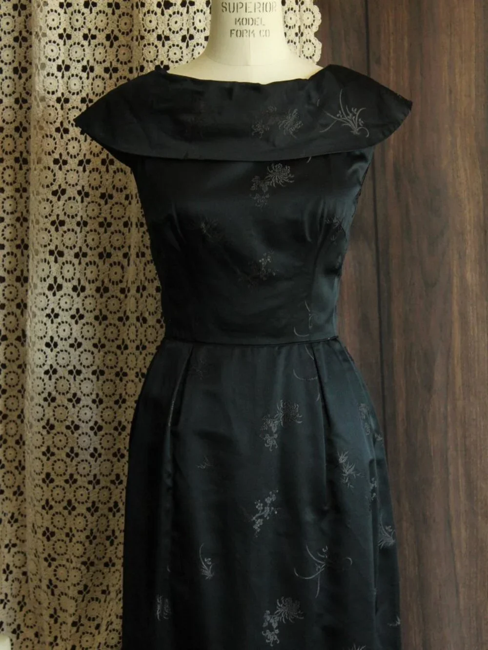 Vintage 1960s Dress, Black Satin Brocade Gown, Portrait Neckline Wiggle Style - Picture 3 of 13